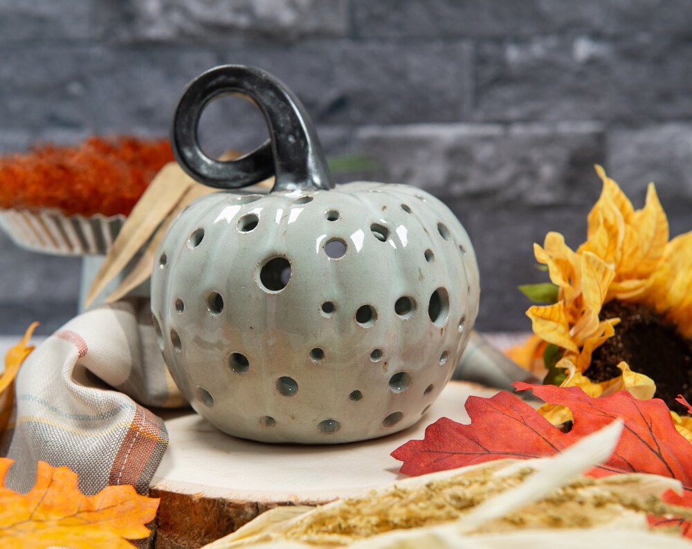 Pumpkin Luminary: Handcrafted with light gray Glaze